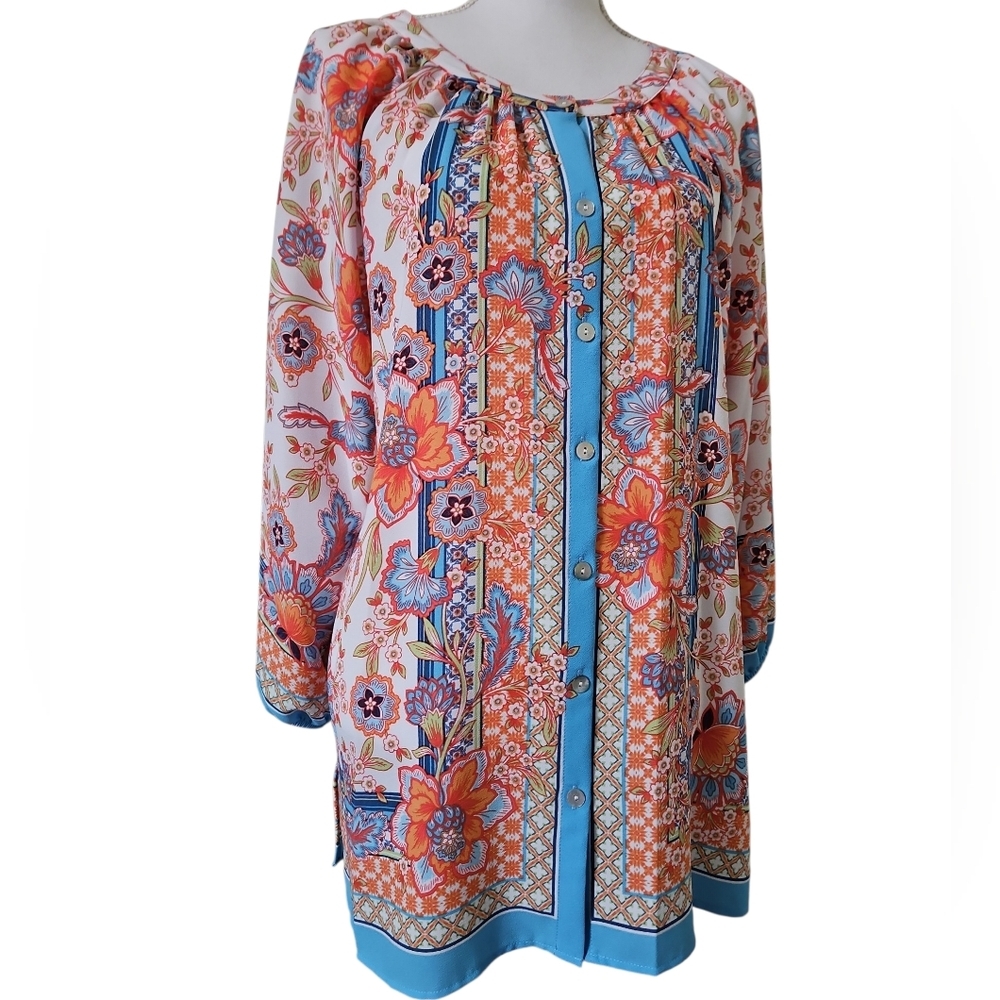 Ruby Rd. Tunic Blouse Sz L Blue Orange NWT